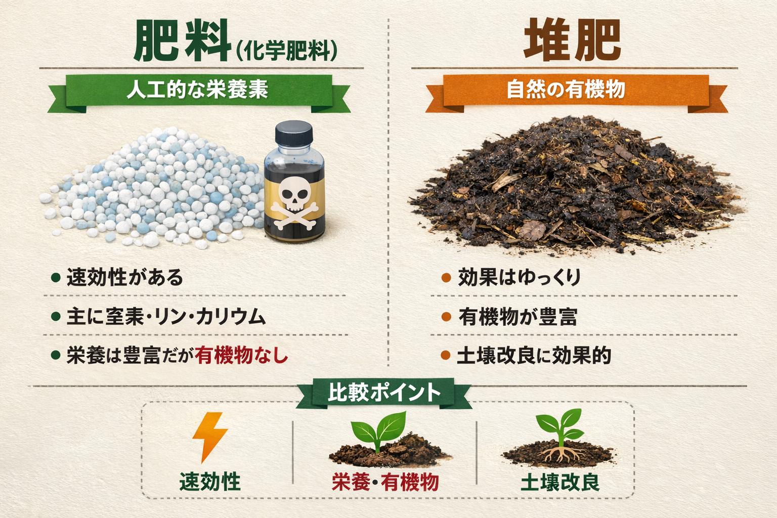 肥料とたい肥の違いを示すイメージ